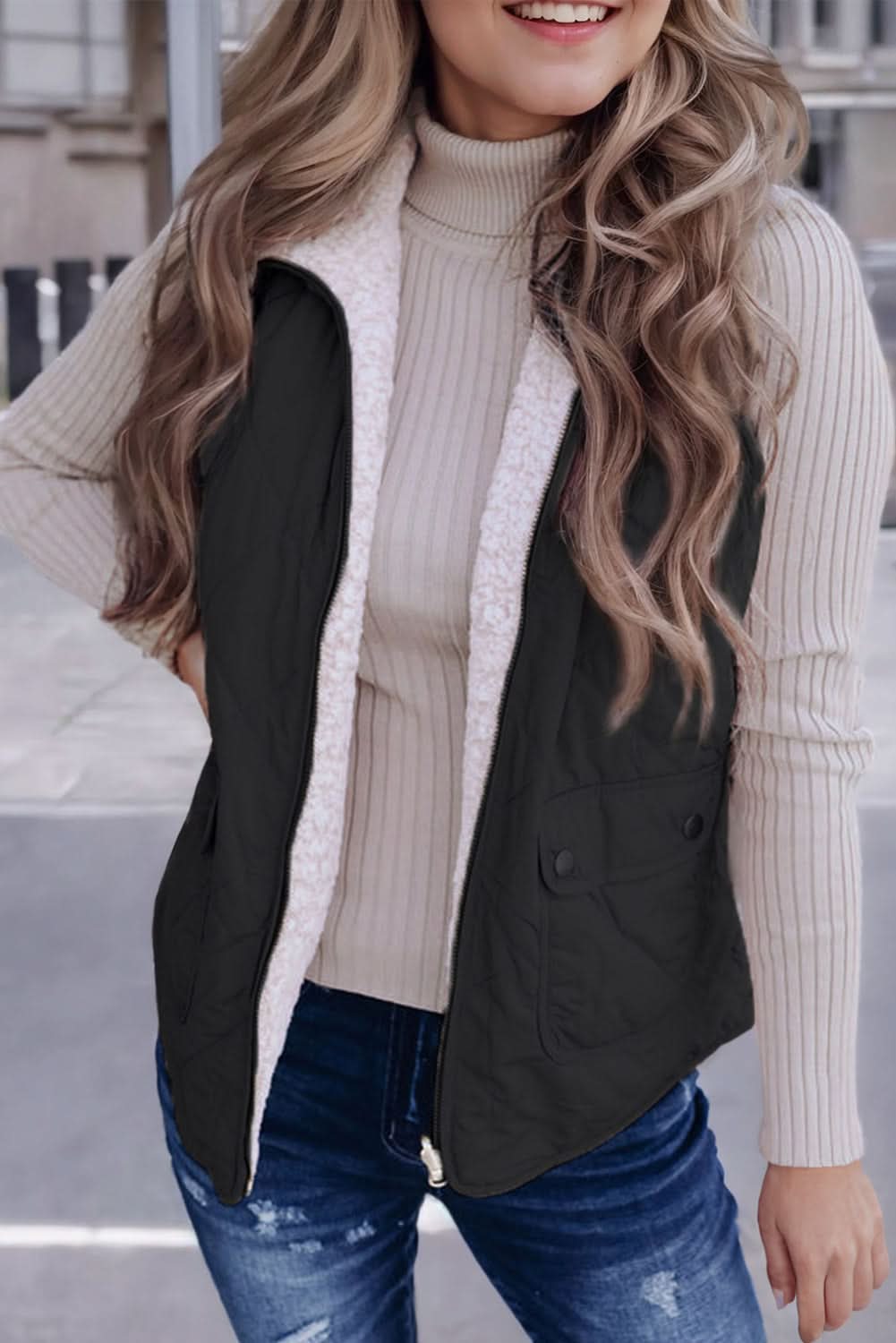 Black Fleece Lined Quilted Zip up Vest Coat - Love Salve